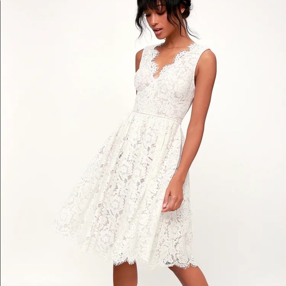 Lulu’s Love Swept white lace midi dress
